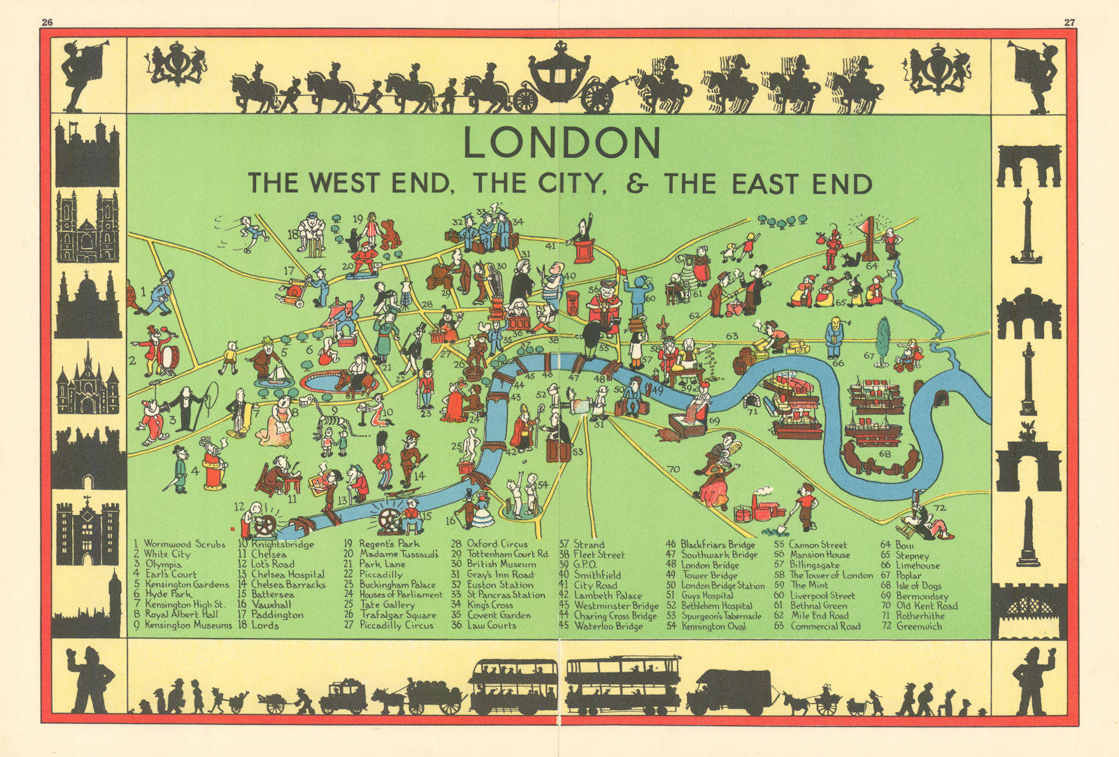 London: the West End, The City, & the East End pictorial map. ALNWICK 1937