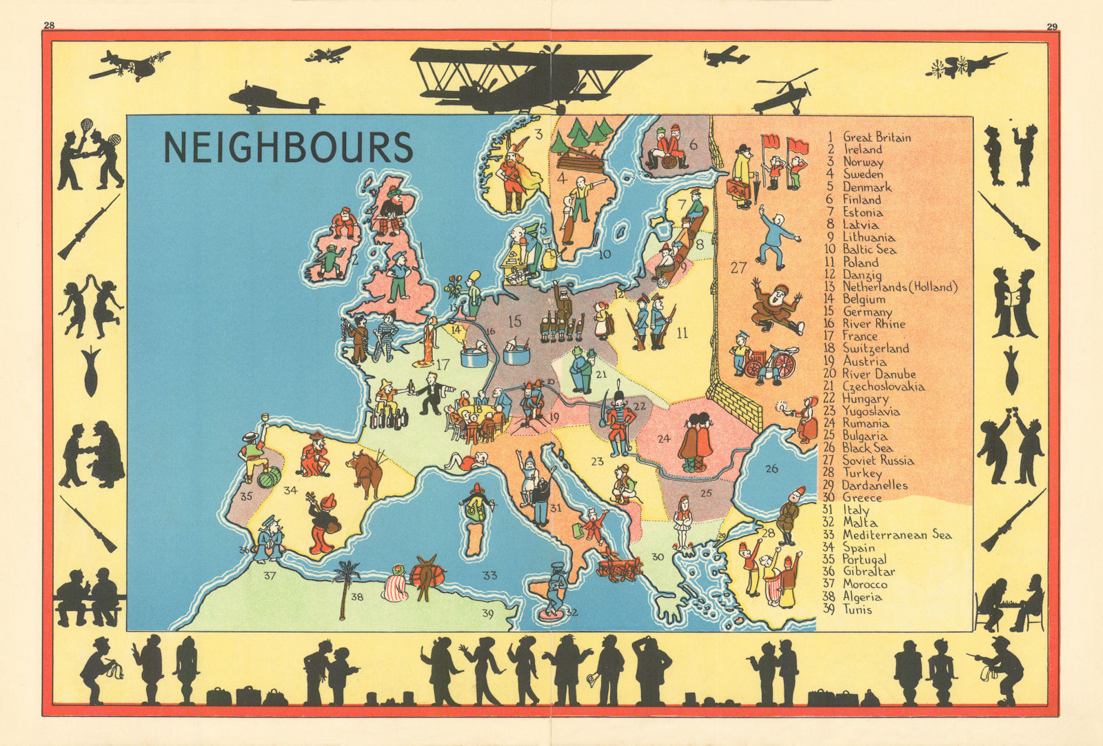 "Neighbours" Pre WW2 Europe allegorical political pictorial map. ALNWICK 1937