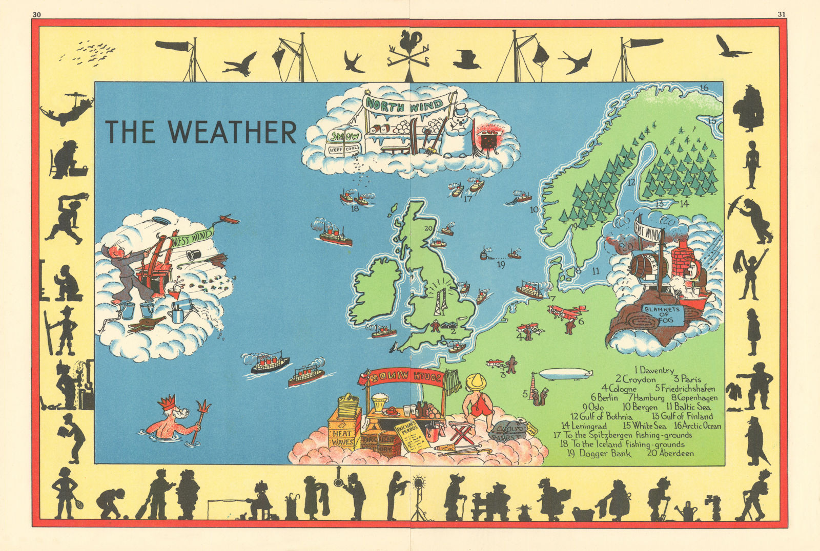"The Weather". Northern Europe pictorial map. Daventry transmitter. ALNWICK 1937