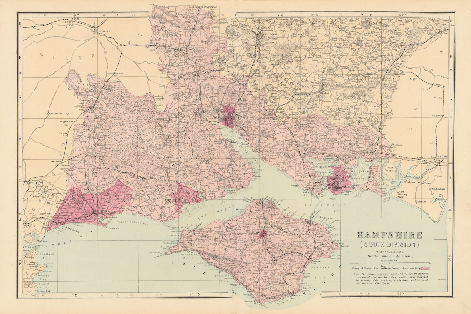 HAMPSHIRE (South). Antique county map by GW BACON 1884 old chart