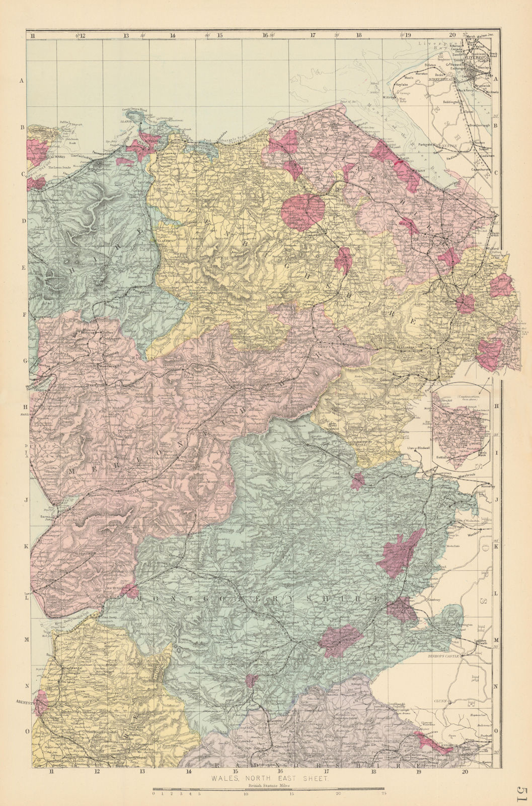 WALES (North East). Flint Denbigh Merionethshire Clywd. GW BACON 1884 old map