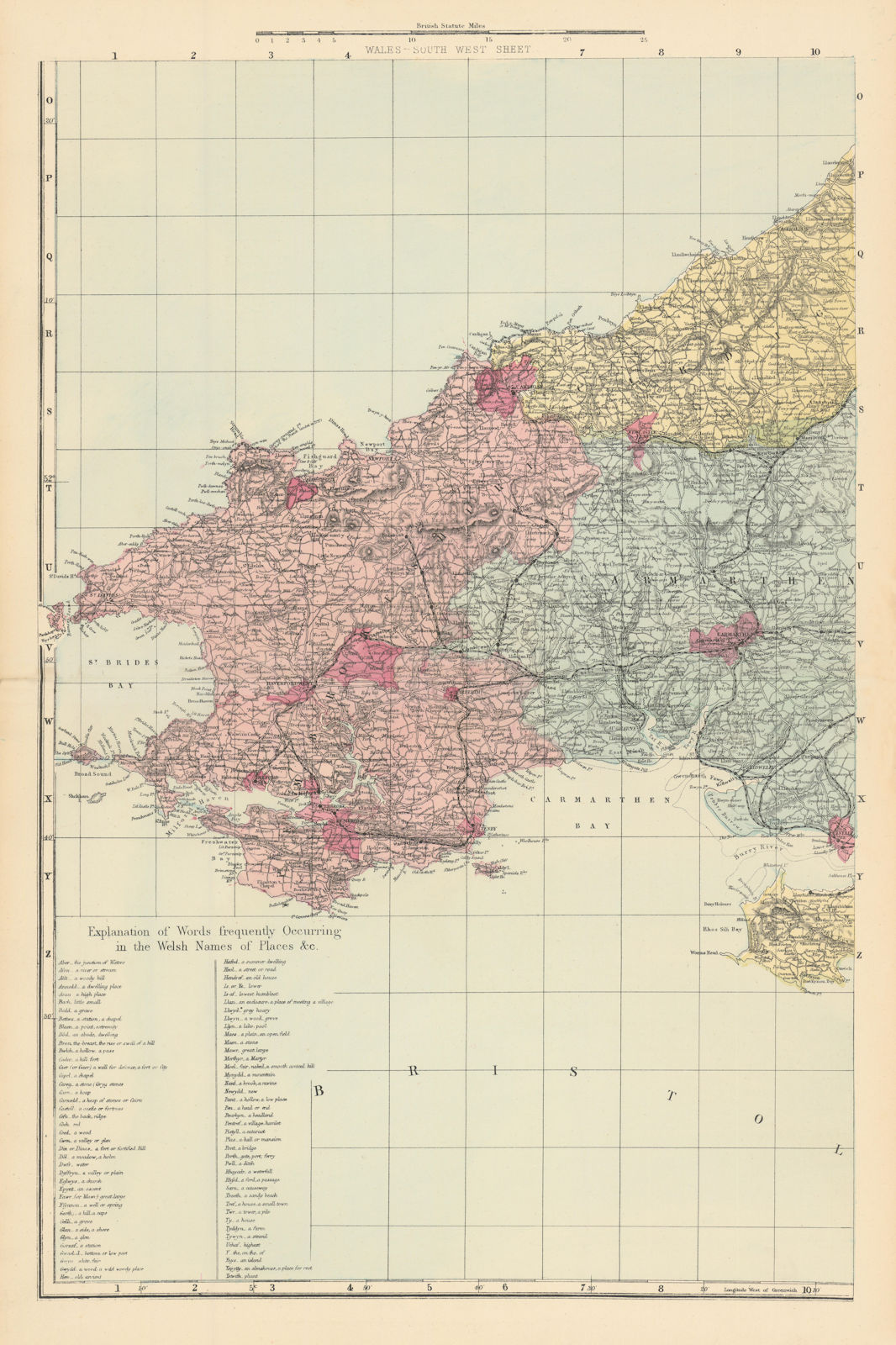 WALES (South West). Pembrokeshire Camarthenshire Dyfed. GW BACON 1884 old map