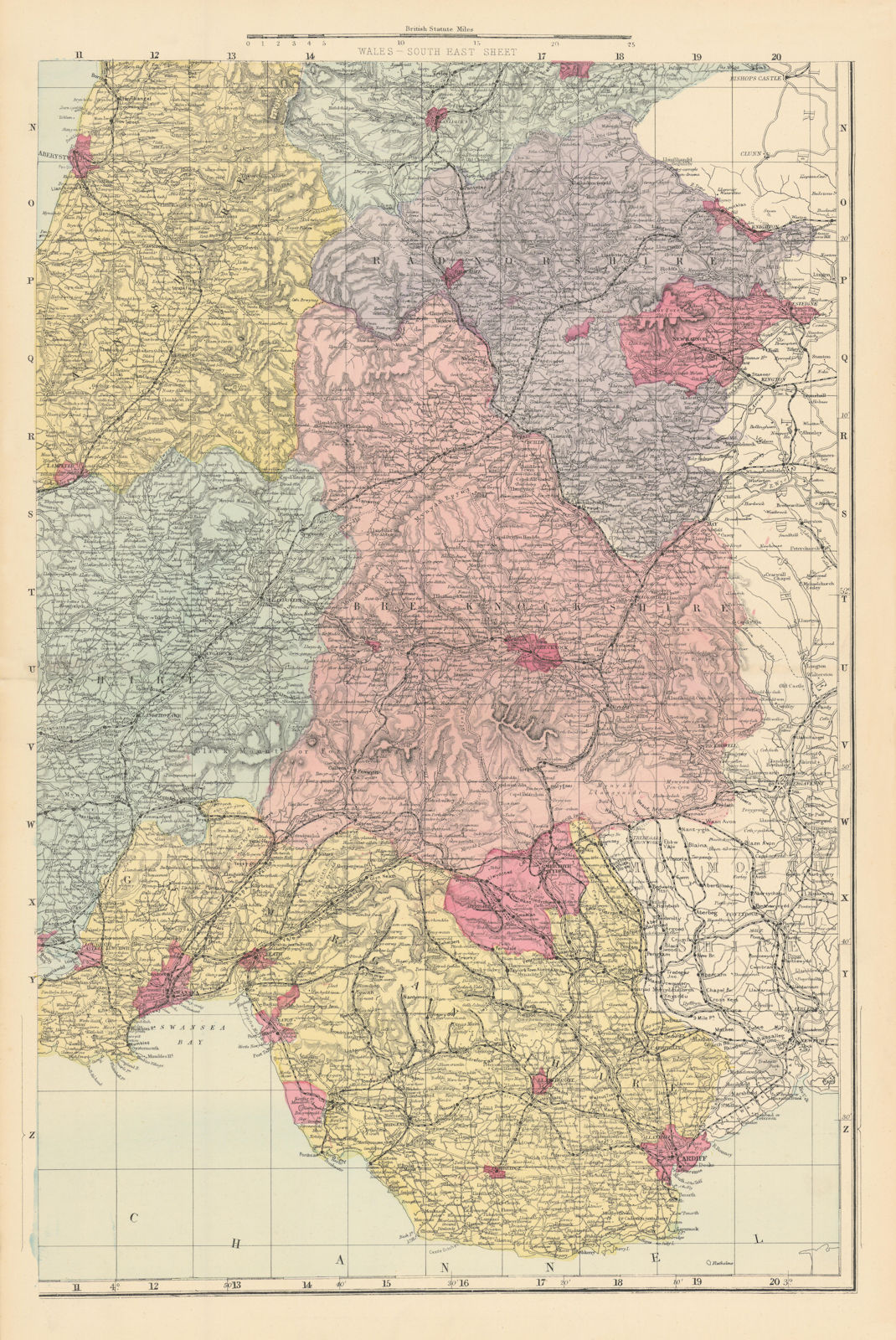 Associate Product WALES (South East). Glamorgan Brecknock Radnorshire Powys. GW BACON 1884 map