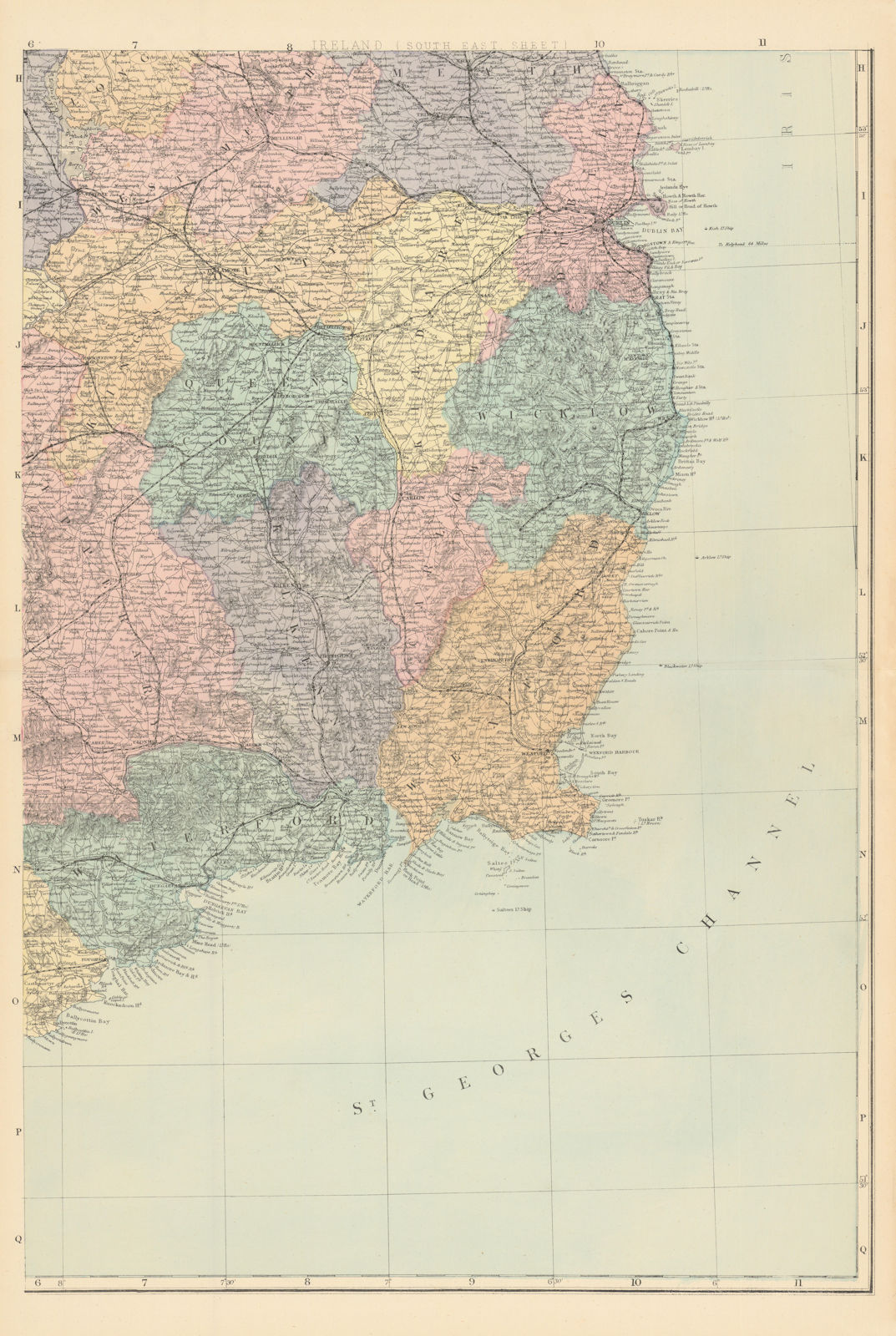 IRELAND (South East). Leinster. Dublin Wicklow Wexford. GW BACON 1884 old map