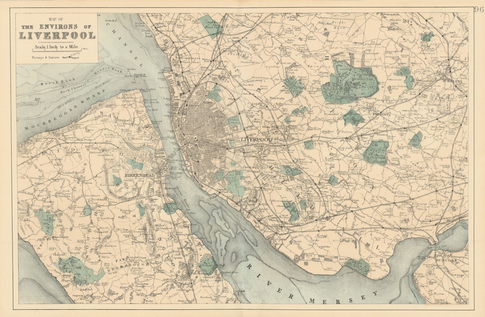 Associate Product MERSEYSIDE. Liverpool Birkenhead Wirral St Helens. Antique map by GW BACON 1884