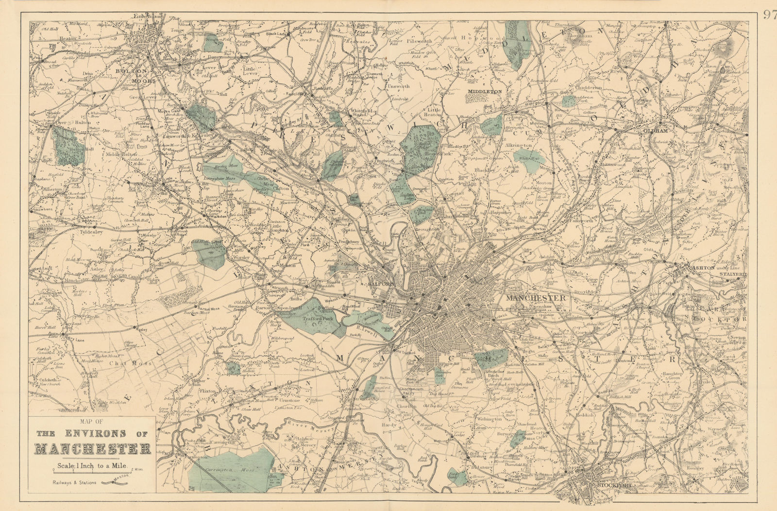 Associate Product MANCHESTER & ENVIRONS. Bolton Stockport Oldham. Antique map by GW BACON 1884