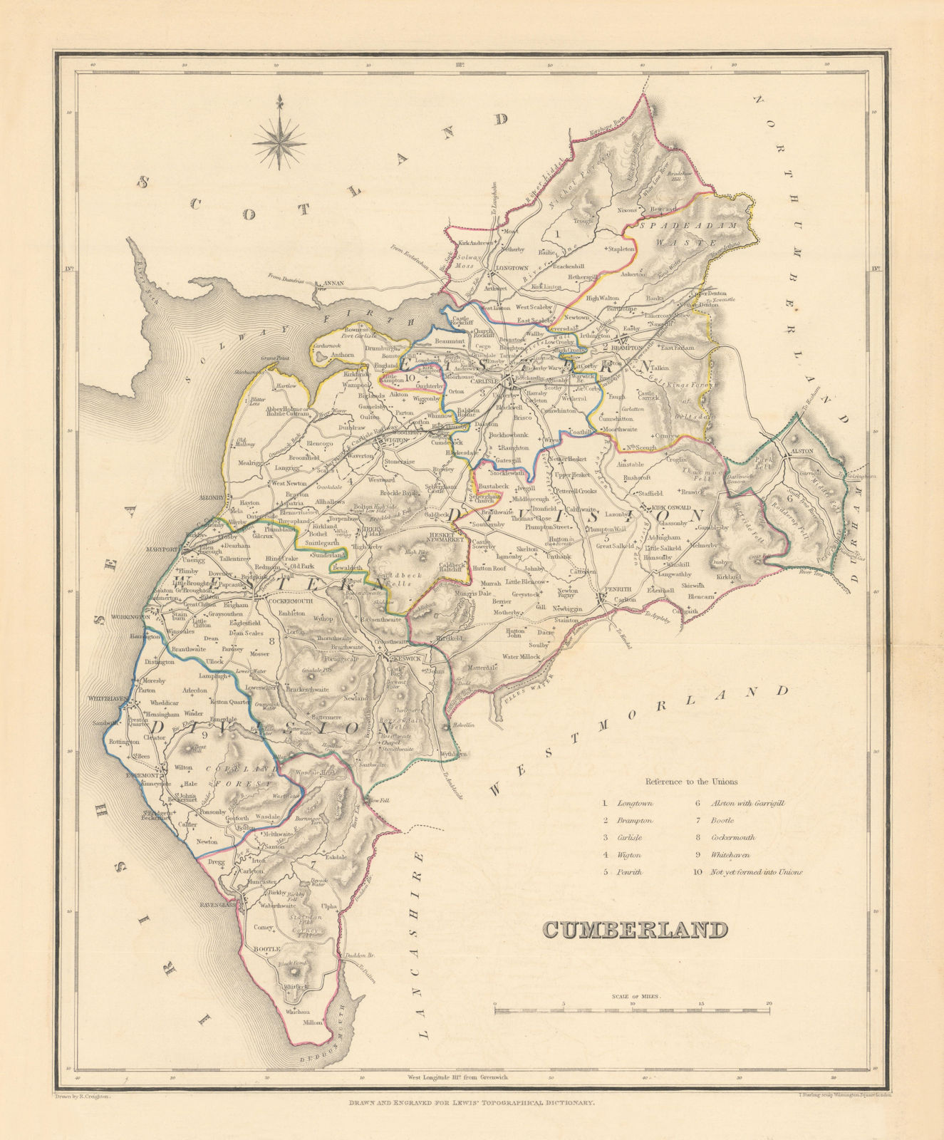 Antique county map of CUMBERLAND / Cumbria by Creighton, Starling & Lewis c1840