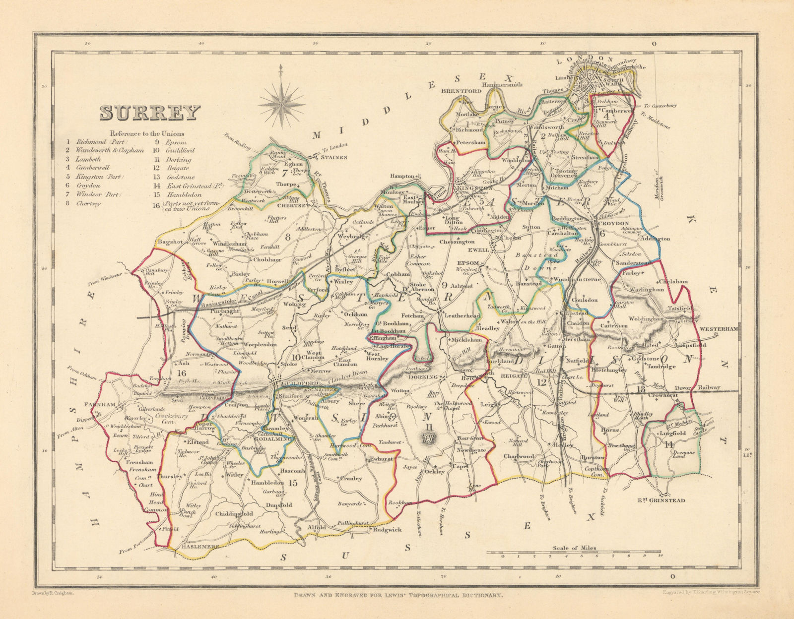 Antique county map of SURREY by Creighton & Starling for Lewis c1840 old