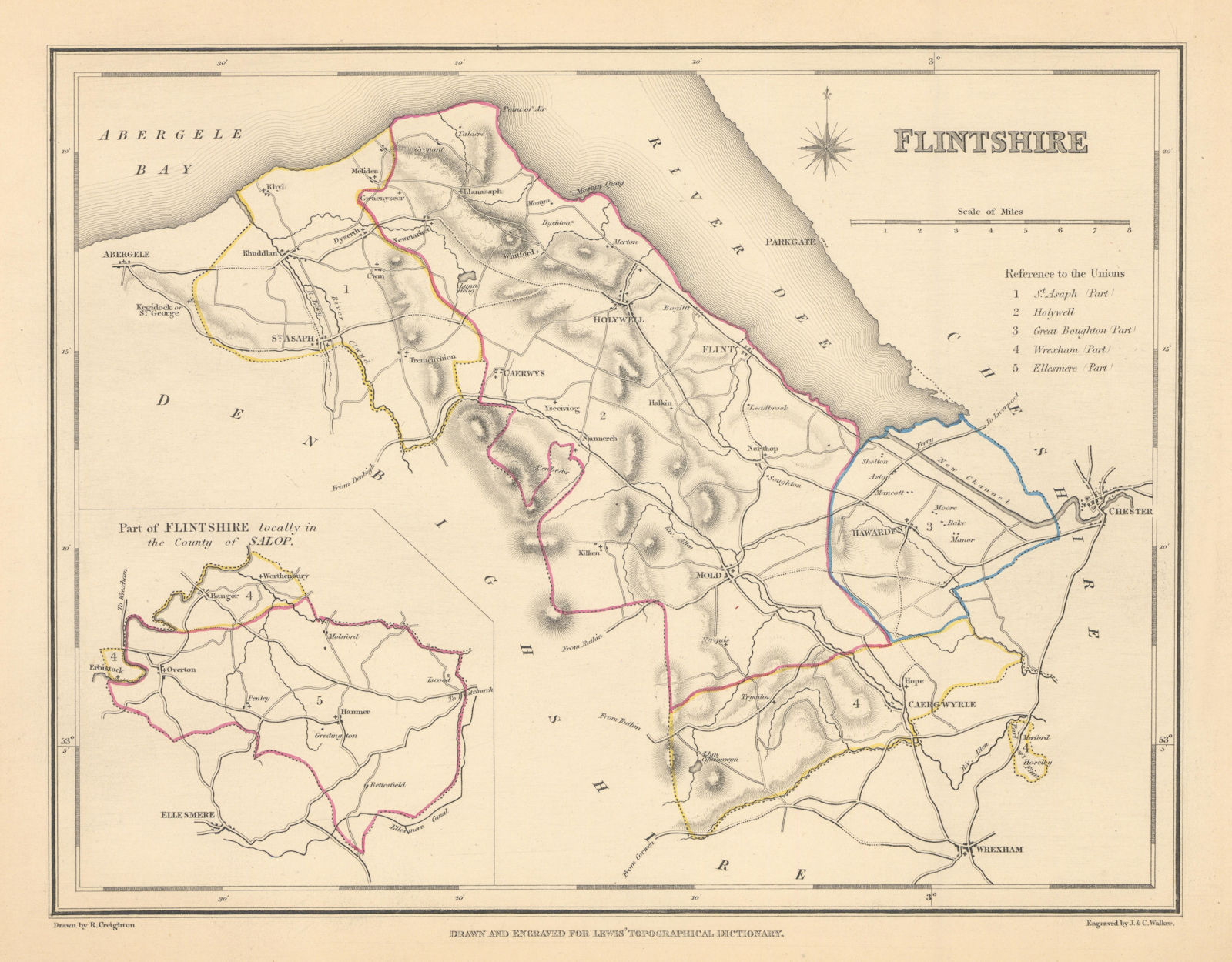 Antique county map of FLINTSHIRE by Creighton & Walker for Lewis c1840 old