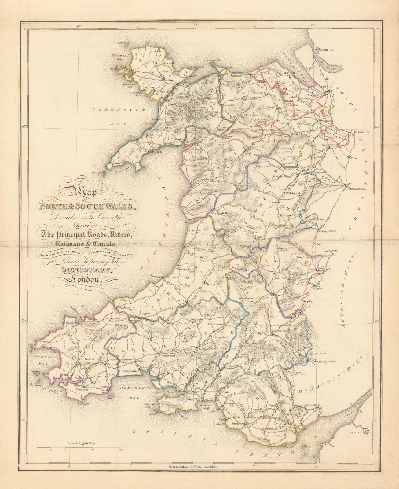 Associate Product Antique county map of NORTH & SOUTH WALES by Creighton & Walker for Lewis c1840