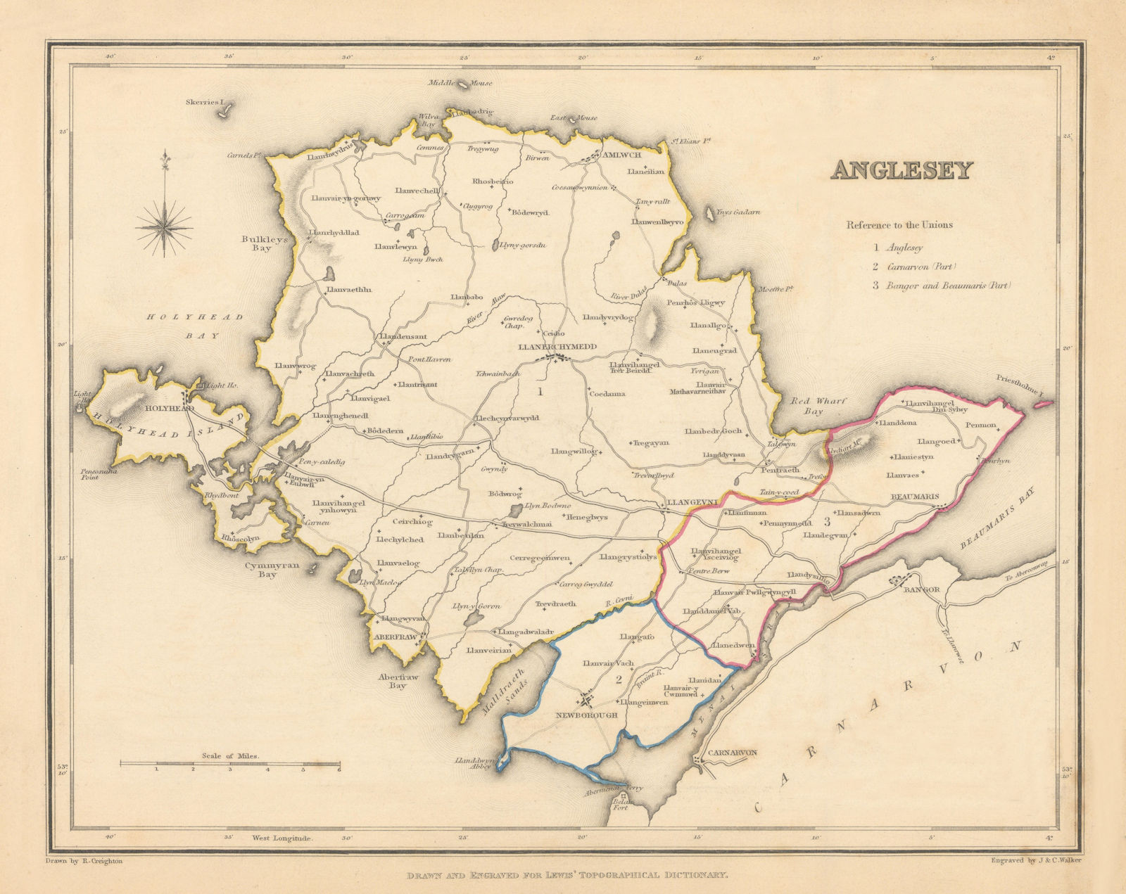 Antique county map of ANGLESEY by Creighton & Walker for Lewis c1840 old