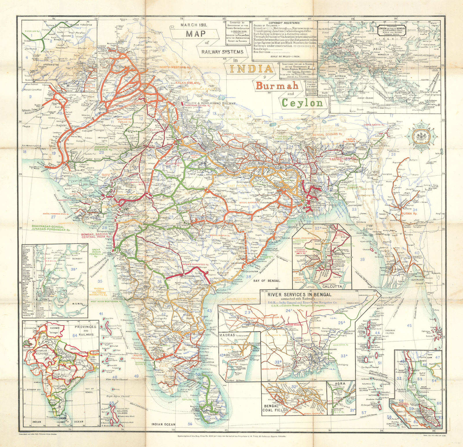 Map of Railway systems in India, Burmah & Ceylon. TROTT. March 1911 old