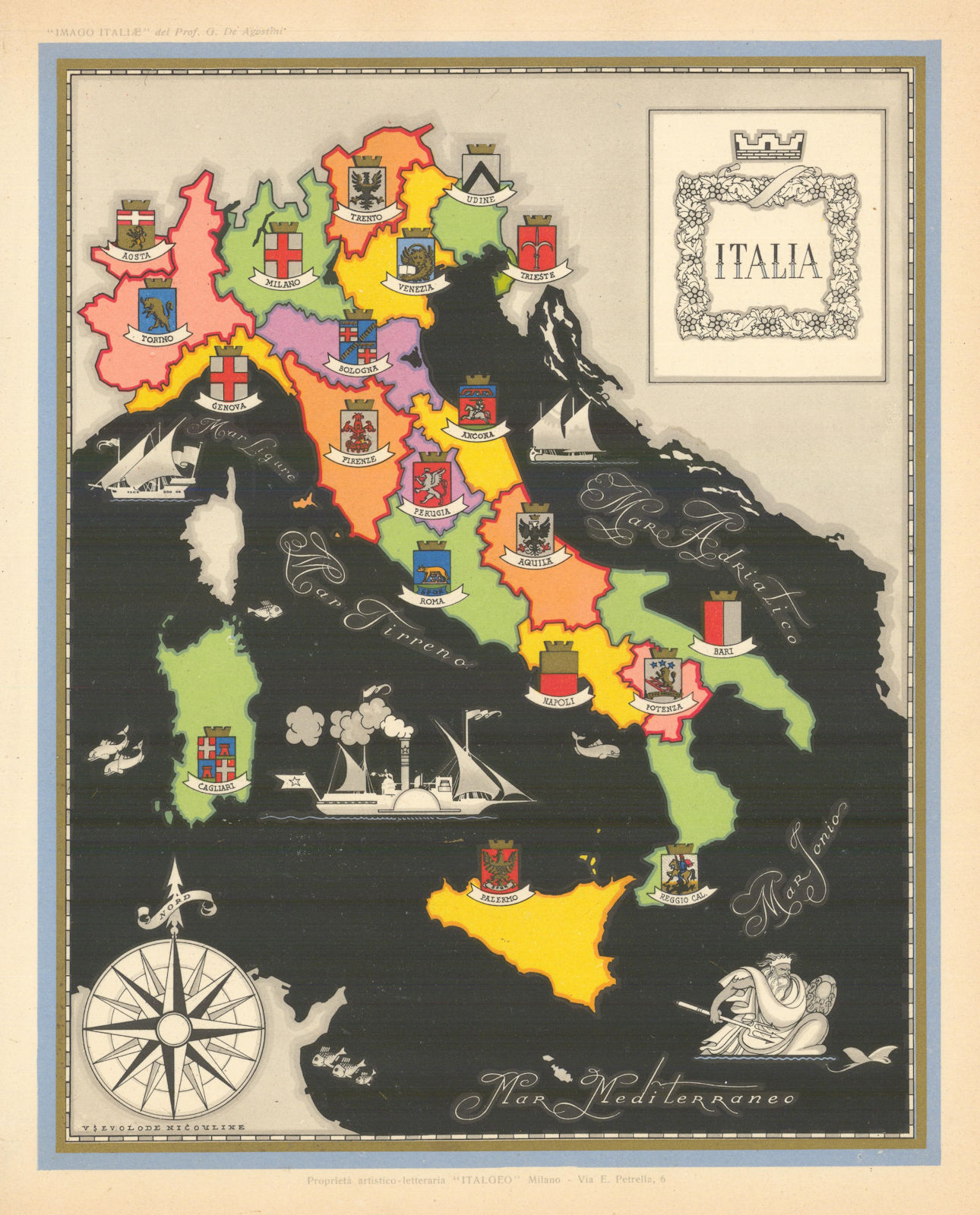 Italia / Italy pictorial map by Vsevolode Nicouline. Italgeo/Agostini c1950