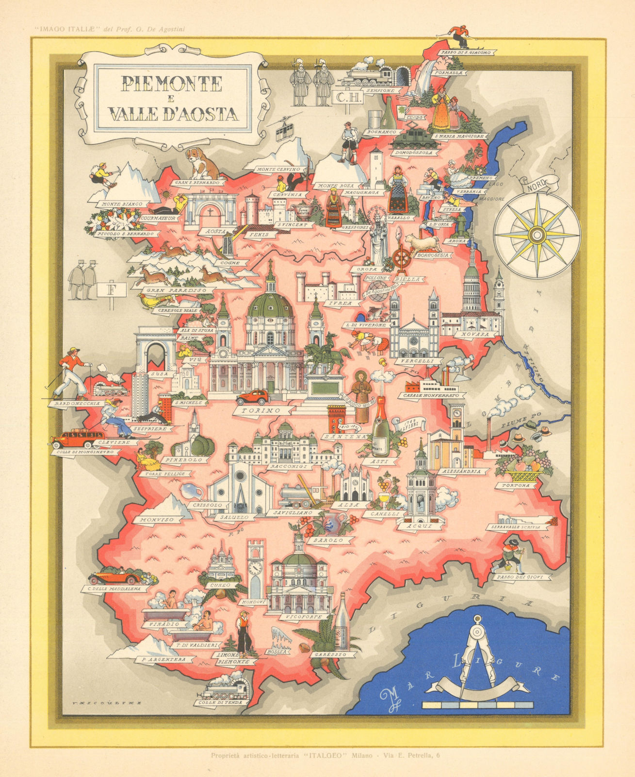 Piemonte / Piedmont & Aosta pictorial map by Vsevolode Nicouline. Italgeo c1950
