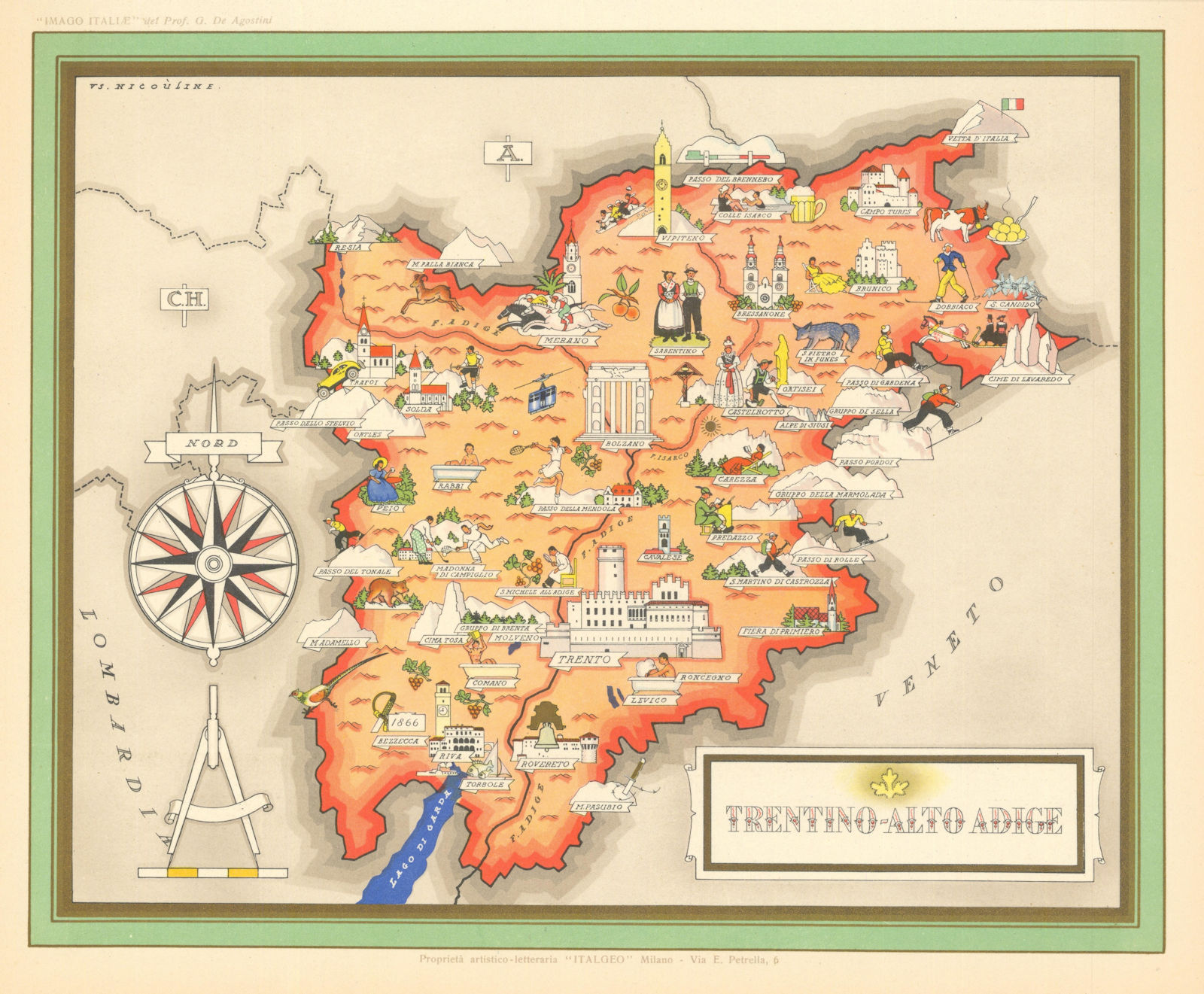 Trentino-Alto Adige / South Tyrol pictorial map by V. Nicouline. Italgeo c1950
