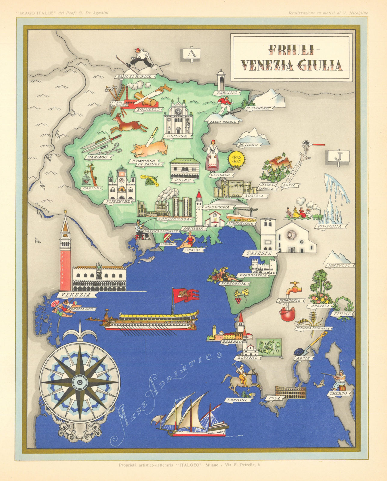 Friuli-Venezia Giulia pictorial map. Vsevolode Nicouline. Italgeo/Agostini c1950