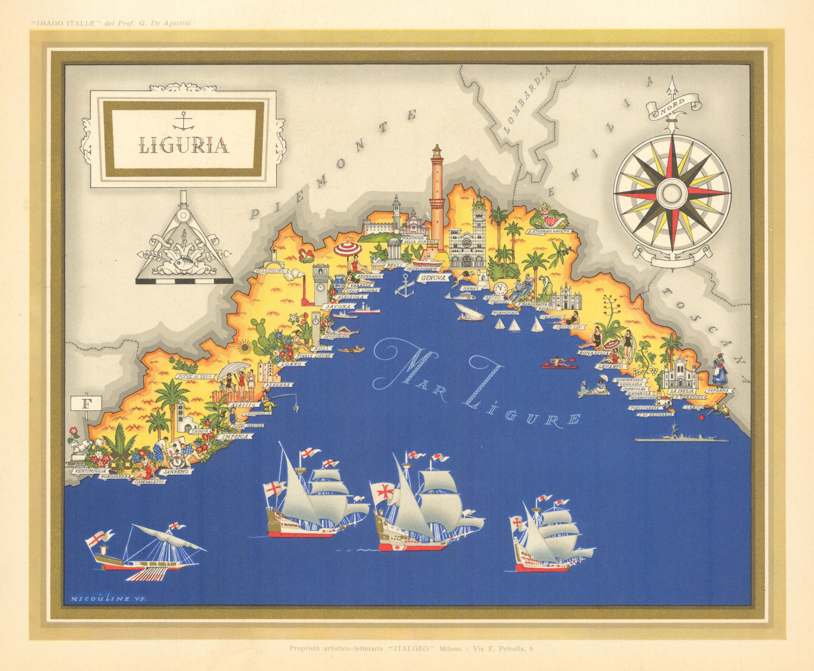 Liguria pictorial map by Vsevolode Nicouline. Italgeo/Agostini c1950 old