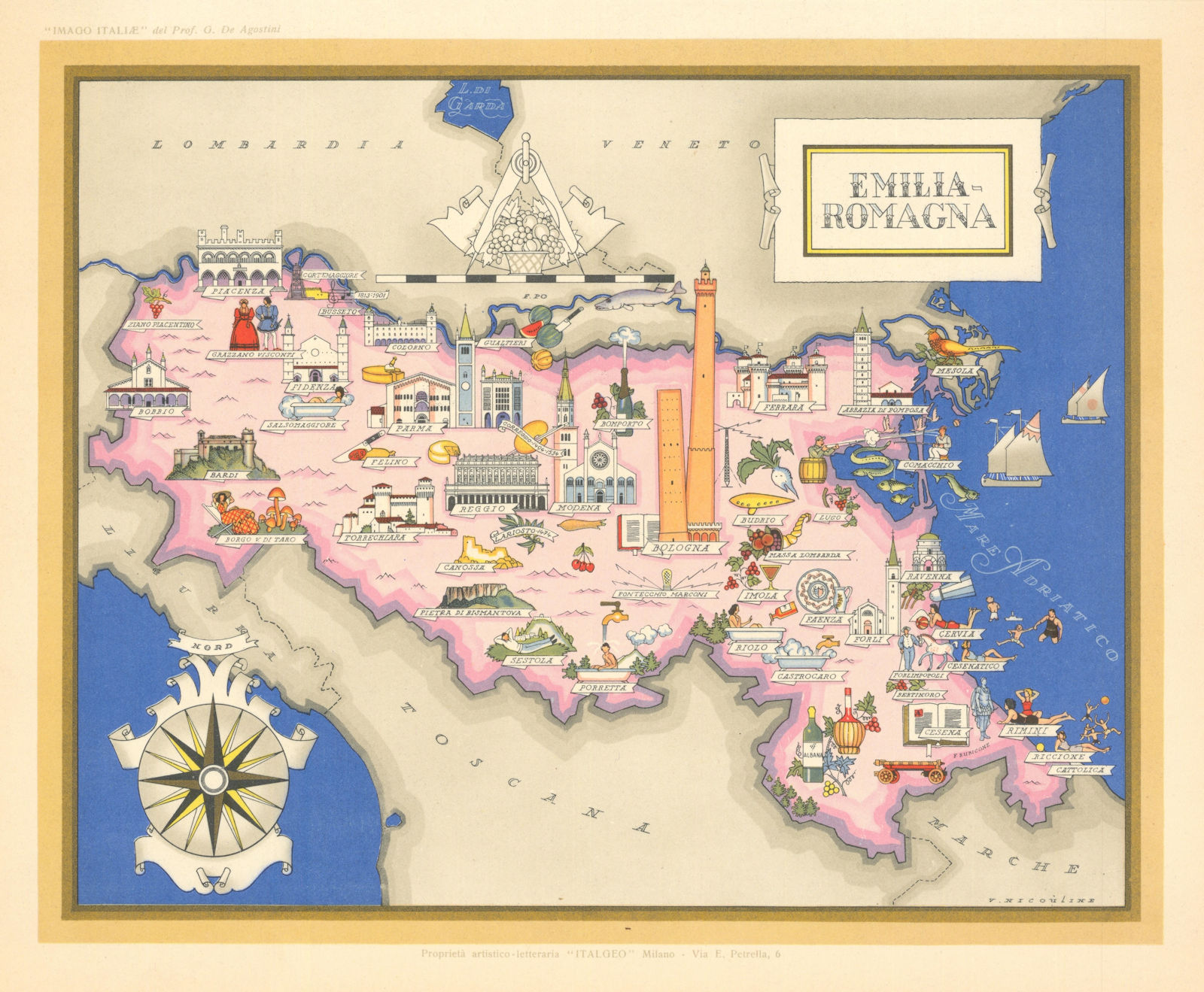 Emilia-Romagna pictorial map by Vsevolode Nicouline. Italgeo/Agostini c1950
