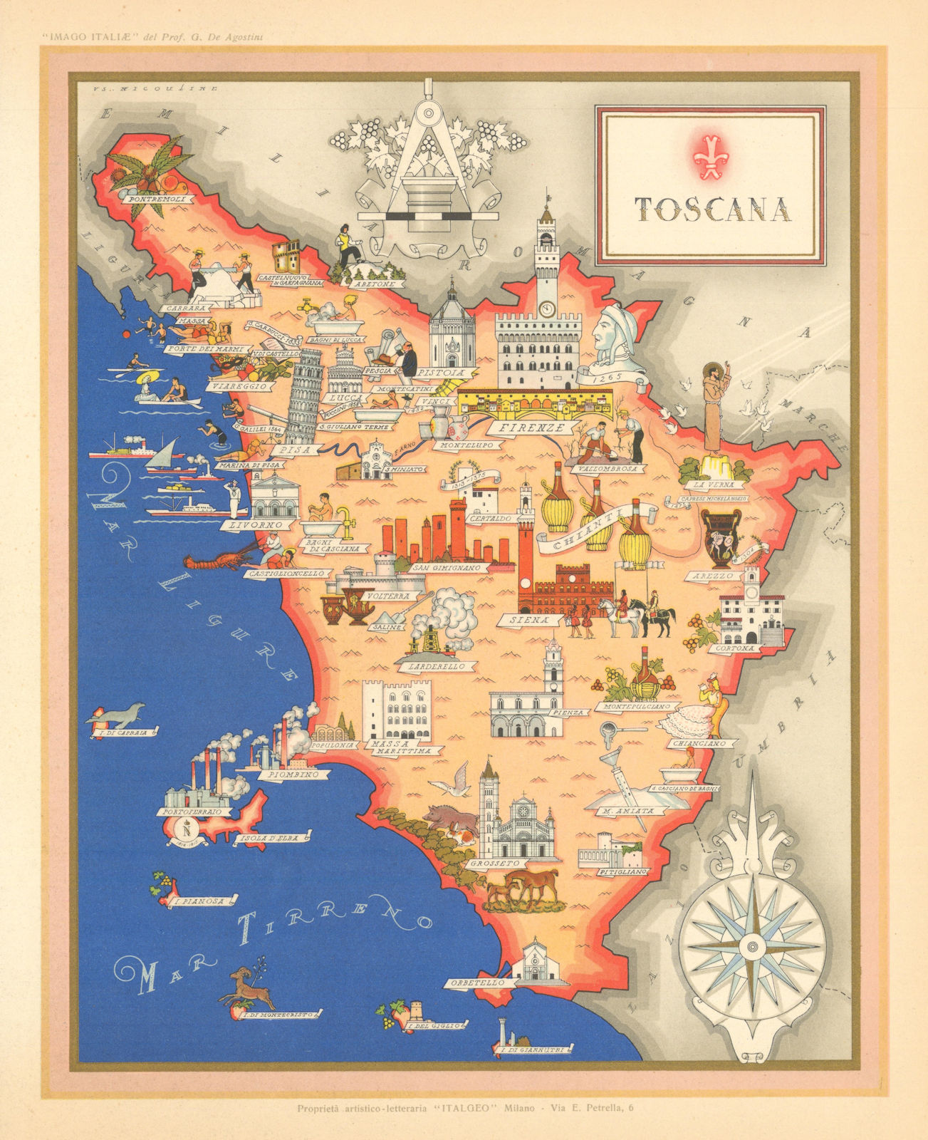 Toscana/Tuscany pictorial map by Vsevolode Nicouline. Italgeo/Agostini c1950