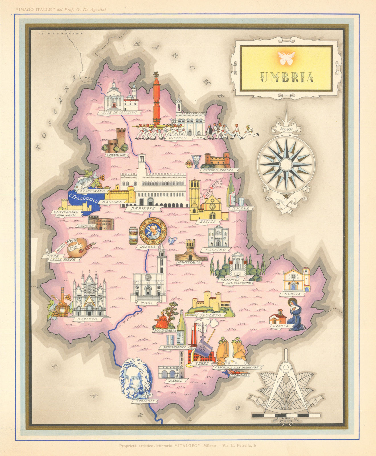 Umbria pictorial map by Vsevolode Nicouline. Italgeo/Agostini c1950 old