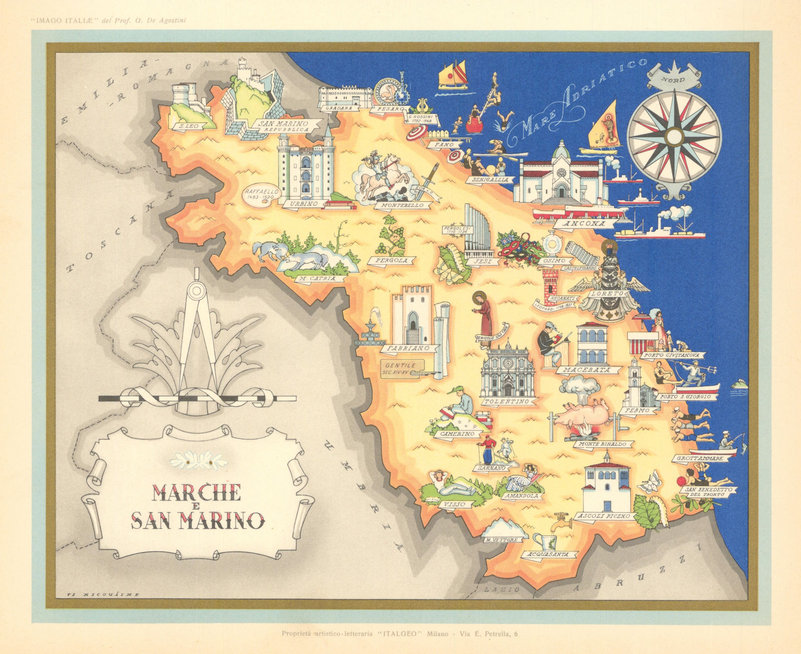 Marche e San Marino pictorial map by Vsevolode Nicouline. Italgeo/Agostini c1950