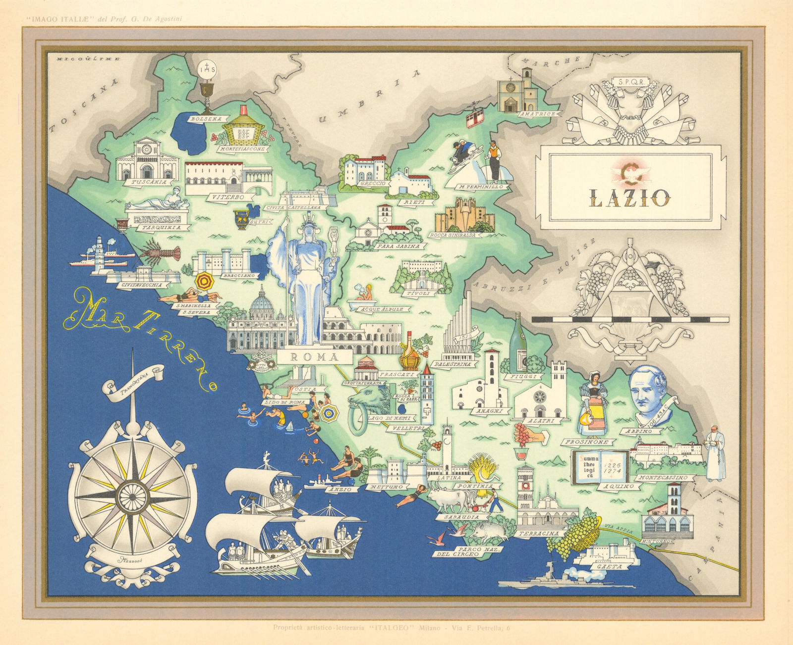 Lazio pictorial map by Vsevolode Nicouline. Italgeo/Agostini c1950 old