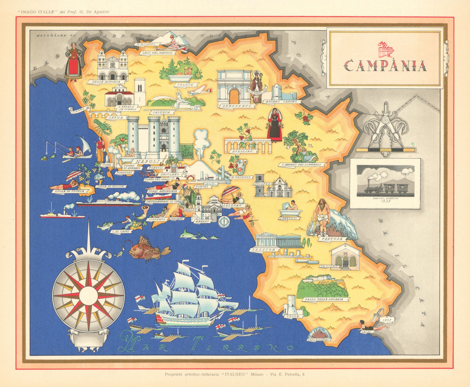 Campania pictorial map by Vsevolode Nicouline. Italgeo/Agostini c1950 old