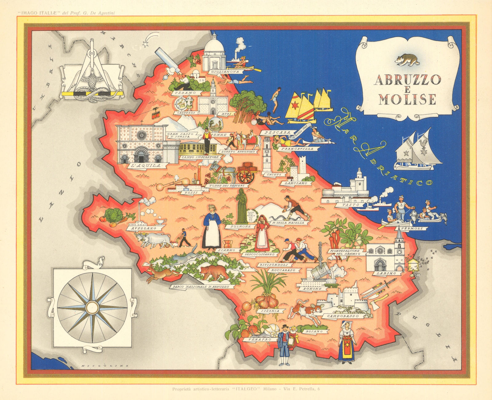 Abruzzo e Molise pictorial map by Vsevolode Nicouline. Italgeo/Agostini c1950