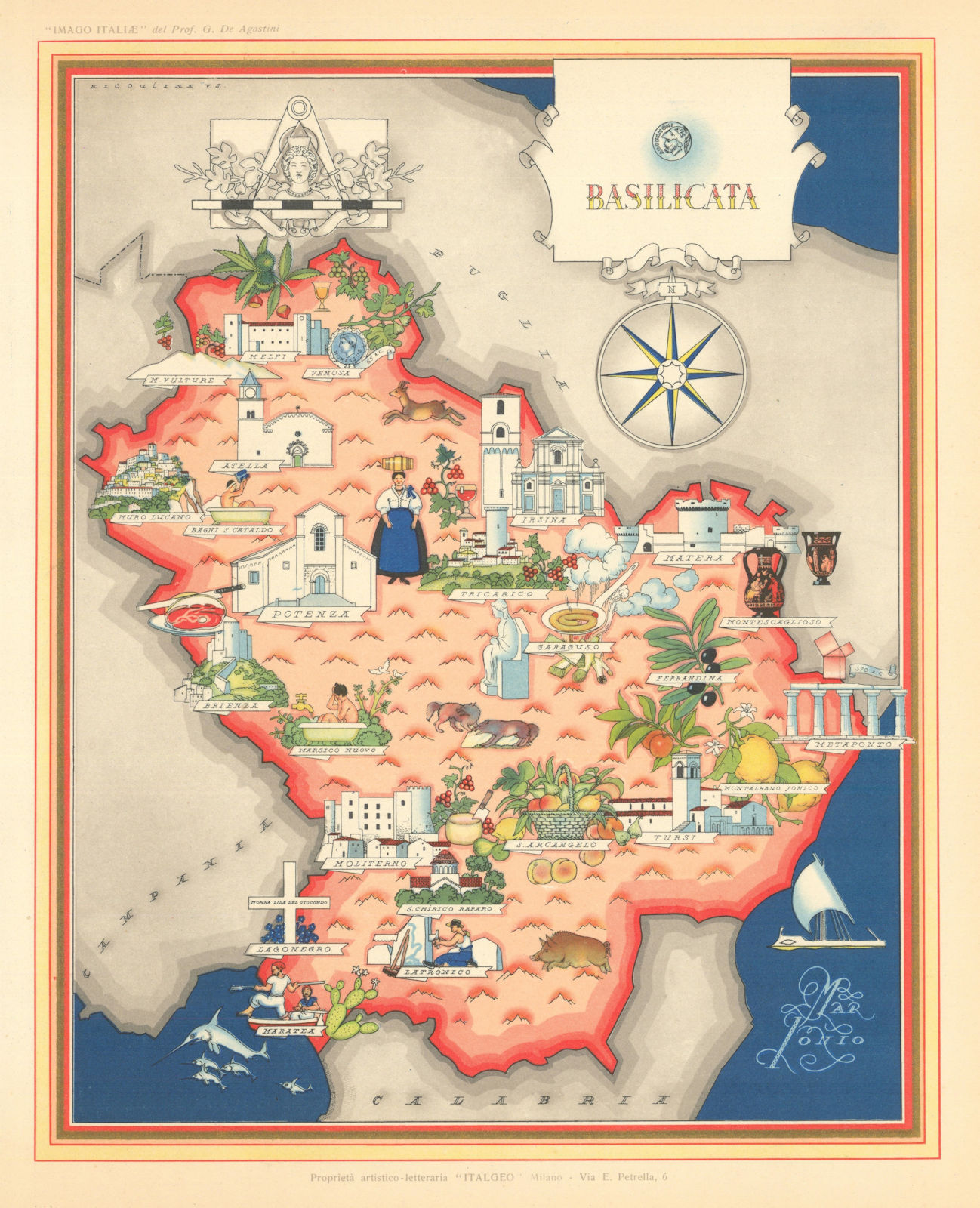 Basilicata pictorial map by Vsevolode Nicouline. Italgeo/Agostini c1950