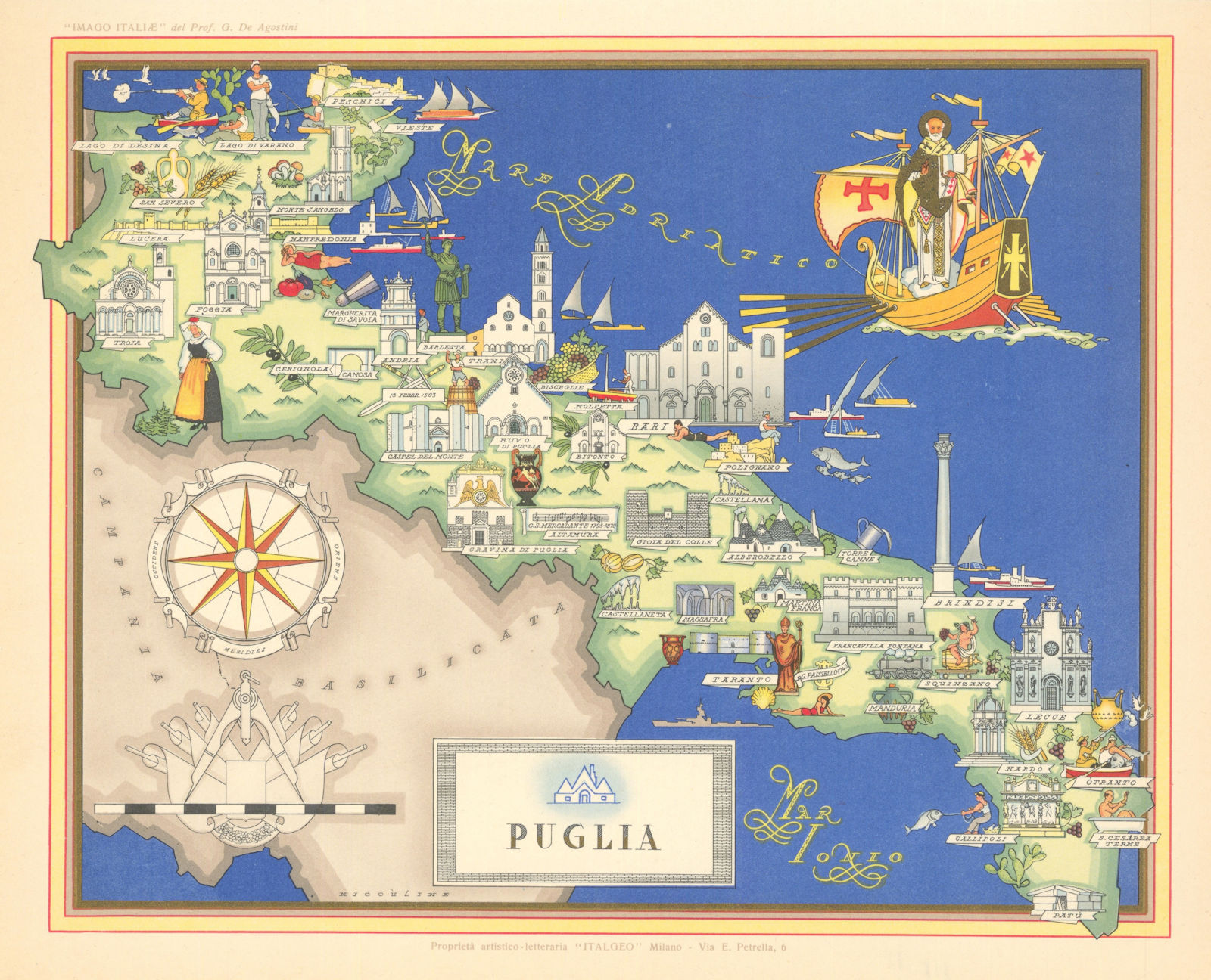 Puglia / Apulia pictorial map by Vsevolode Nicouline. Italgeo/Agostini c1950