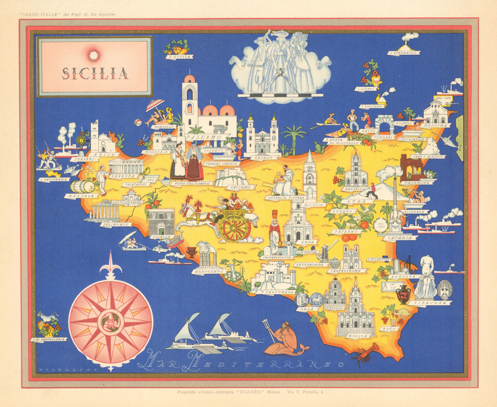 Sicilia / Sicily pictorial map by Vsevolode Nicouline. Italgeo/Agostini c1950