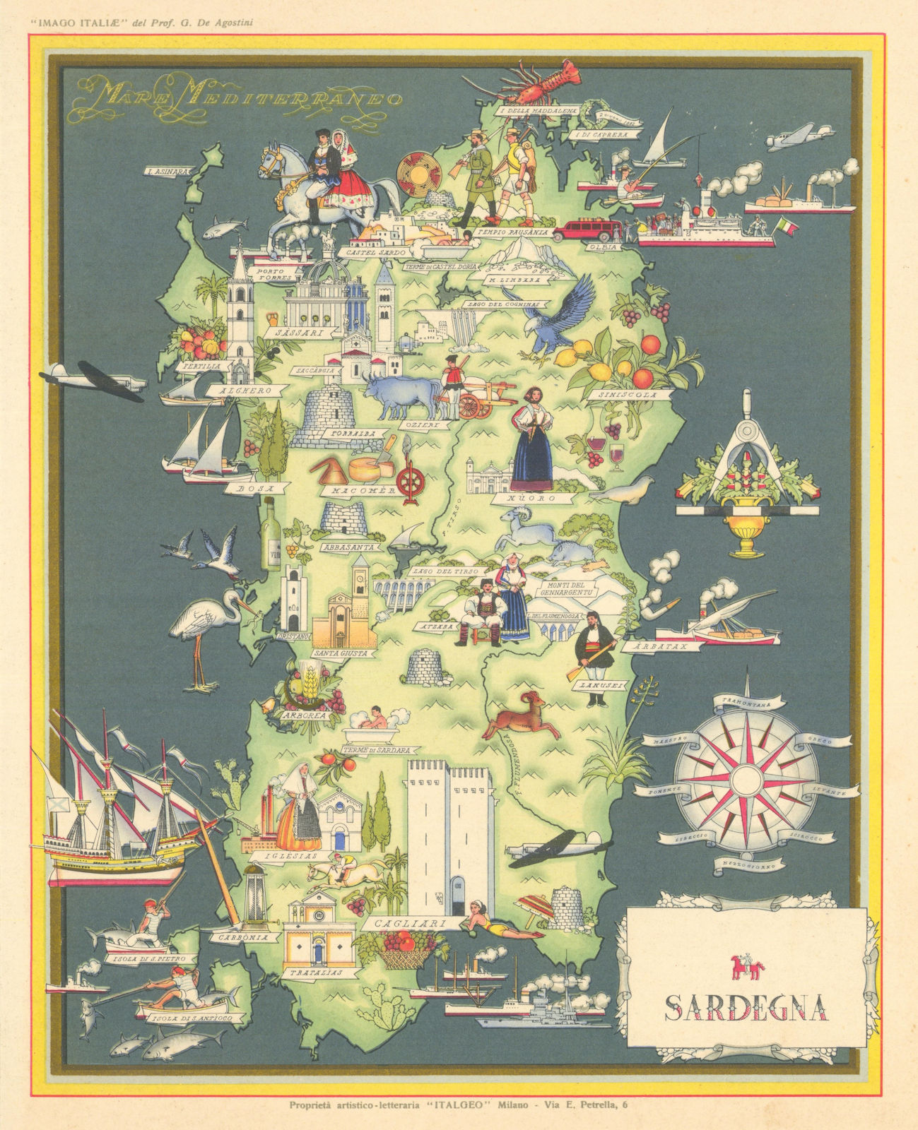 Sardegna / Sardinia pictorial map by Vsevolode Nicouline. Italgeo/Agostini c1950