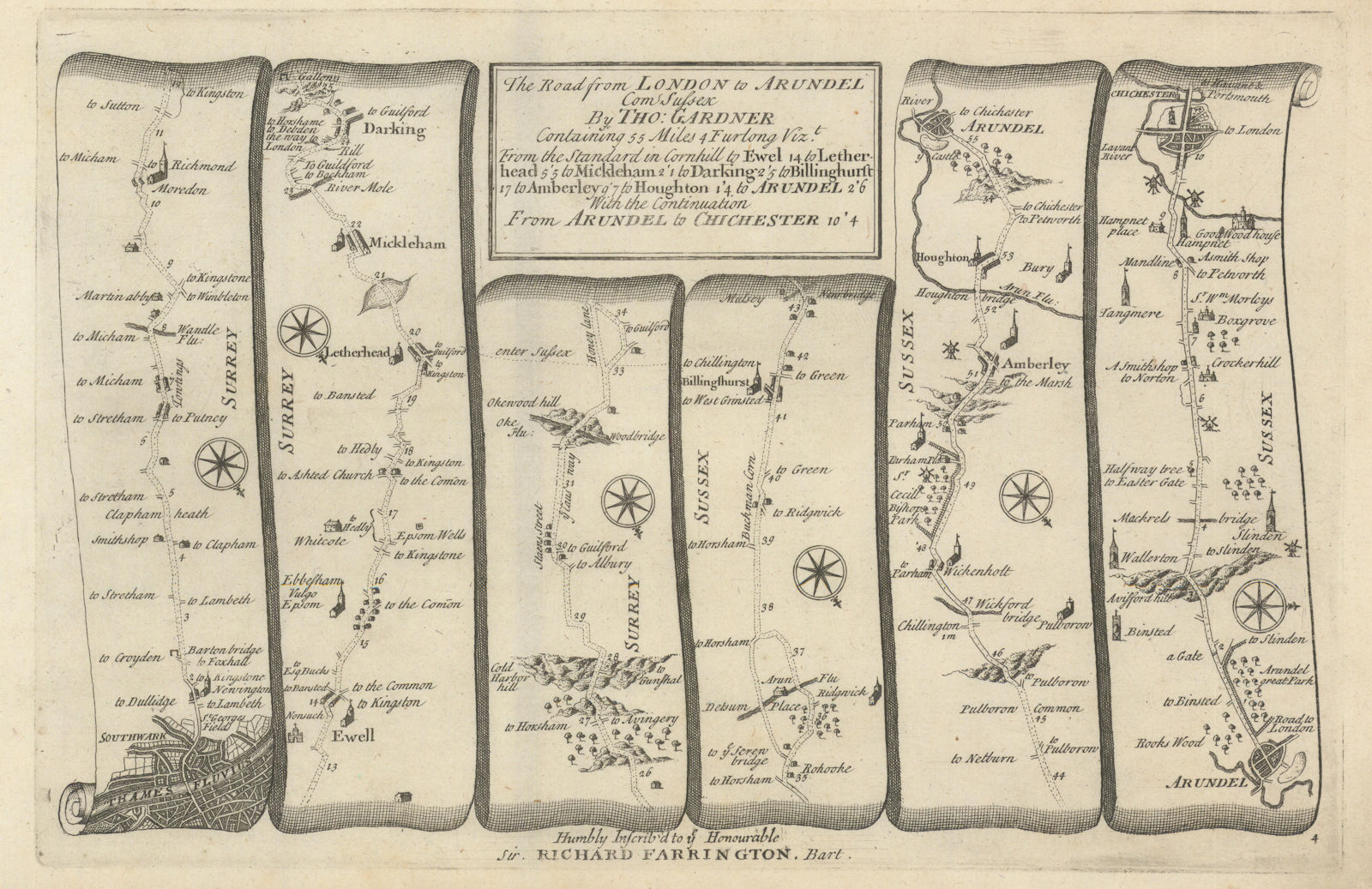 London - Ewell - Dorking - Arundel - Chichester. GARDNER road map #4 1719