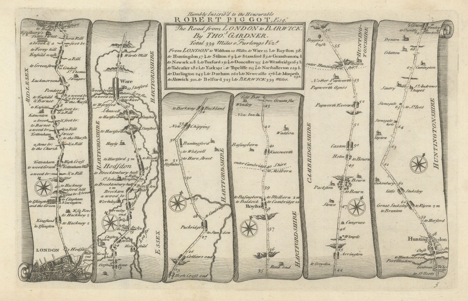 London - Ware - Royston - Huntingdon - Stilton. GARDNER road map #5 1719