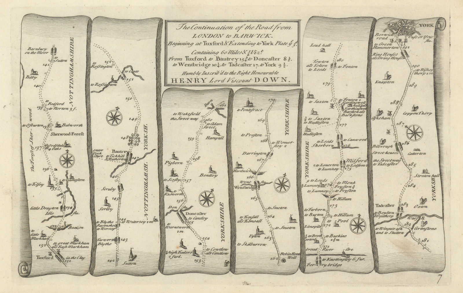 Tuxford - Bawtry - Doncaster - Wentbridge - York. GARDNER road map #7 1719