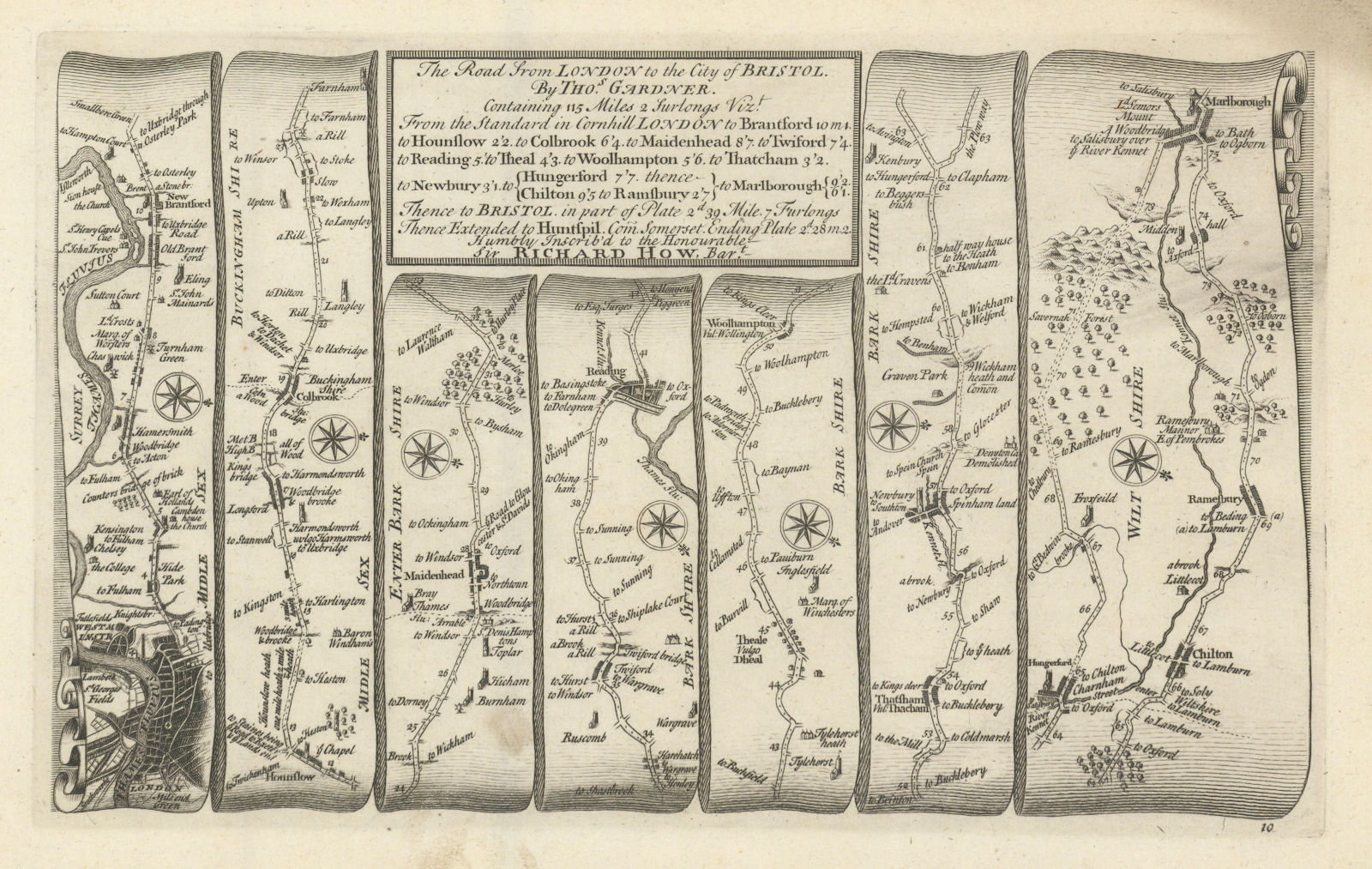 London - Maidenhead - Reading - Marlborough. GARDNER road map #10 1719 old