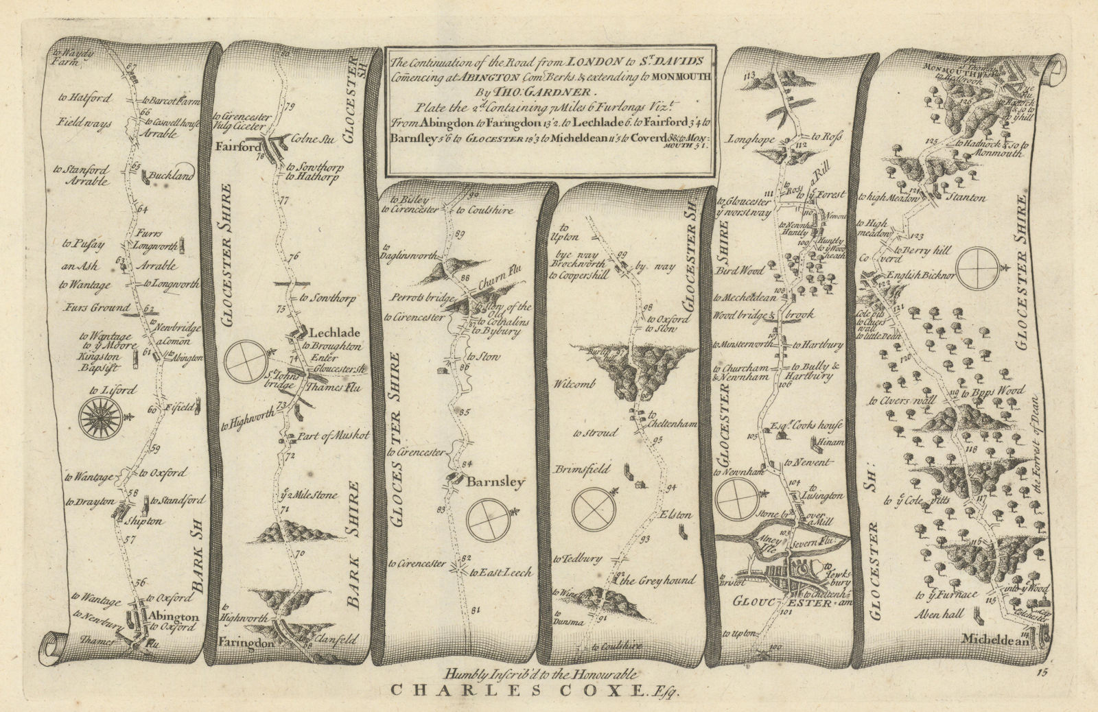 Abingdon - Barnsley - Gloucester - Monmouth. GARDNER road map #15 1719 old