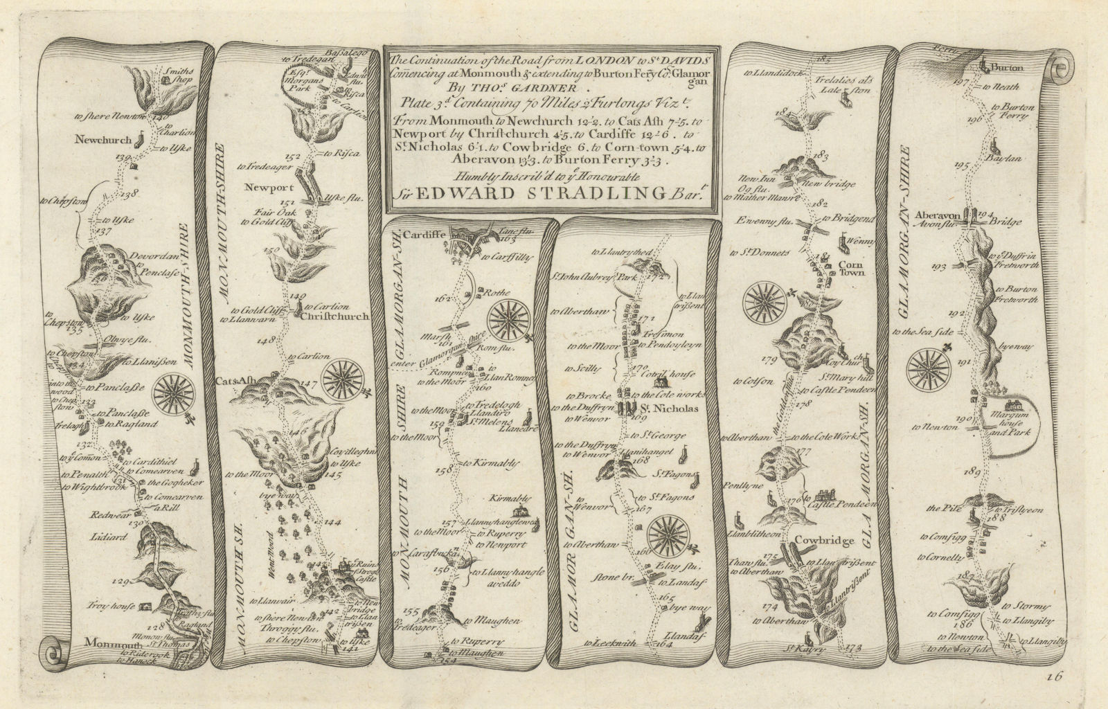 Associate Product Monmouth - Newport - Cardiff - Port Talbot. GARDNER road map #16 1719 old