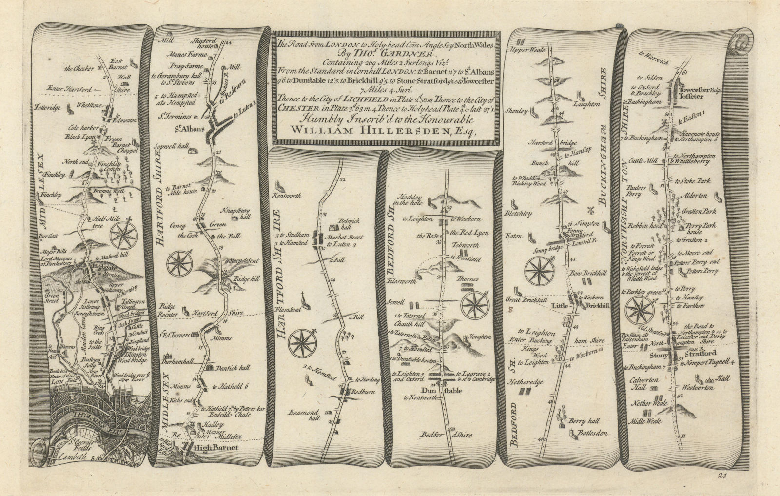 London - St Albans - Dunstable - Towcester. GARDNER road map #21 1719 old