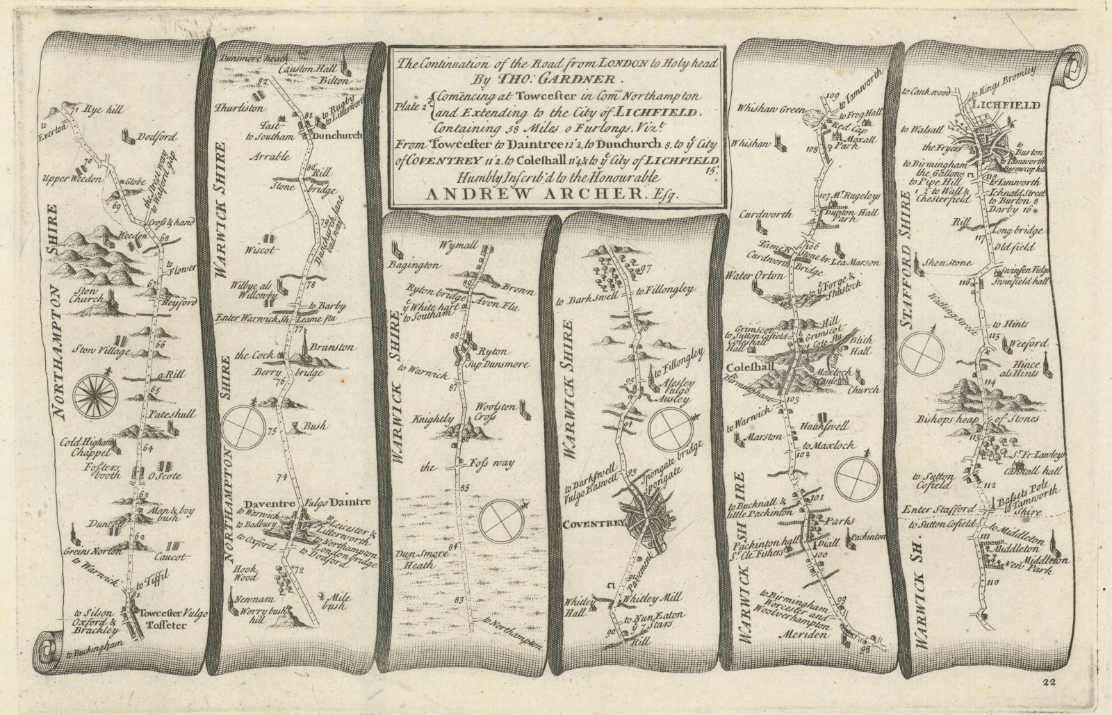 Towcester - Daventry - Coventry - Lichfield. GARDNER road map #22 1719 old