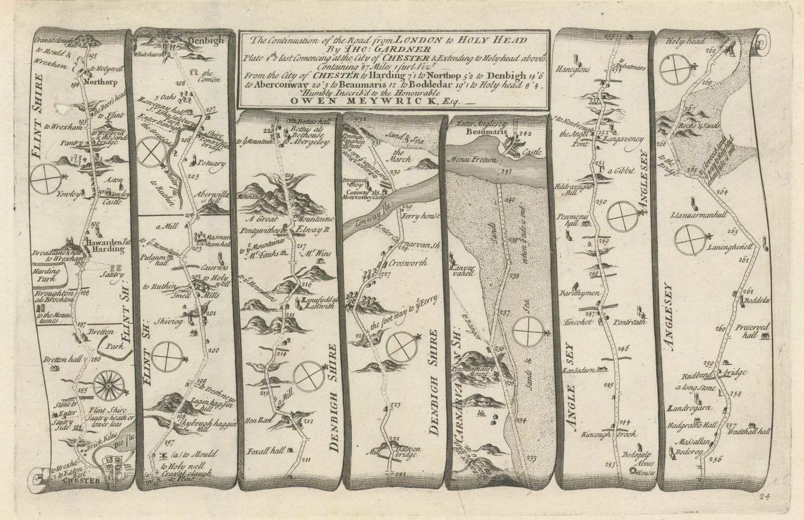 Chester - Denbigh - Conwy - Beaumaris - Holyhead. GARDNER road map #24 1719