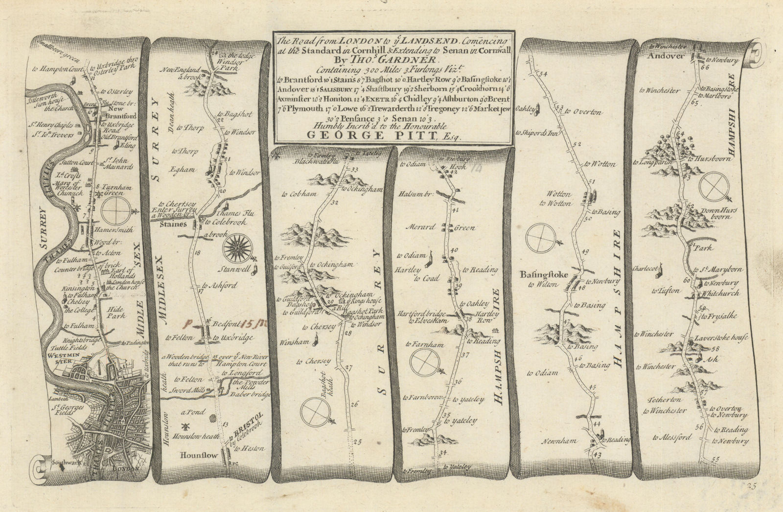 London - Egham - Bagshot - Basingstoke - Andover. GARDNER road map #25 1719