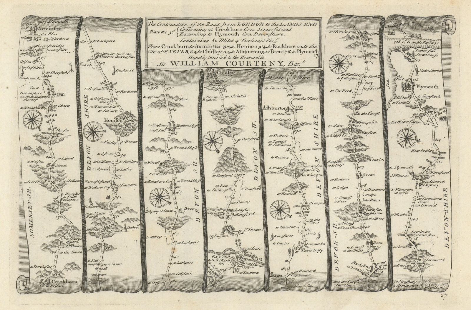 Crewkerne - Honiton - Exeter - Ashburton-Plymouth. GARDNER road map #27 1719