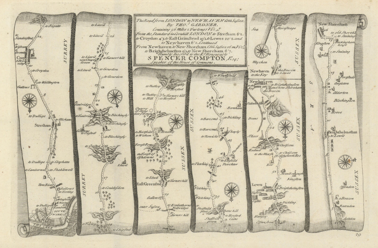 London-East Grinstead-Lewes-Brighton-Shoreham. GARDNER road map #29 1719