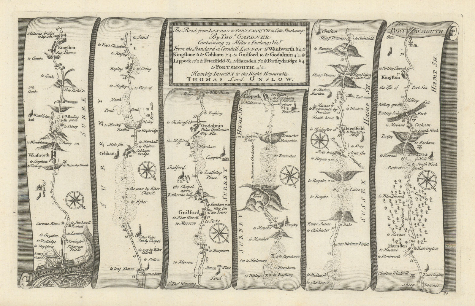 London - Guildford - Godalming - Portsmouth. GARDNER road map #30 1719 old