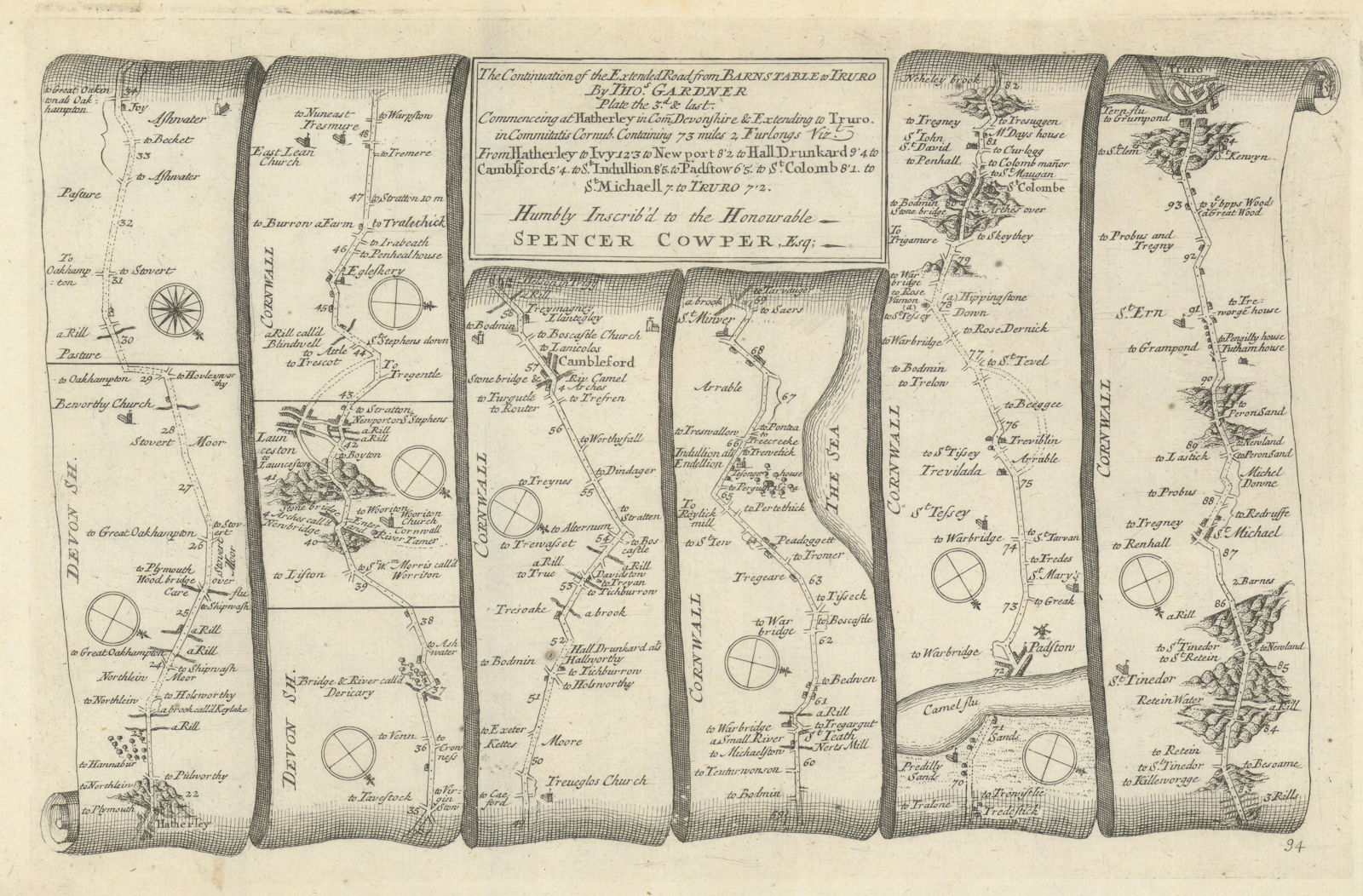 Launceston - Padstow - St Columb Major - Truro. GARDNER road map #34 1719