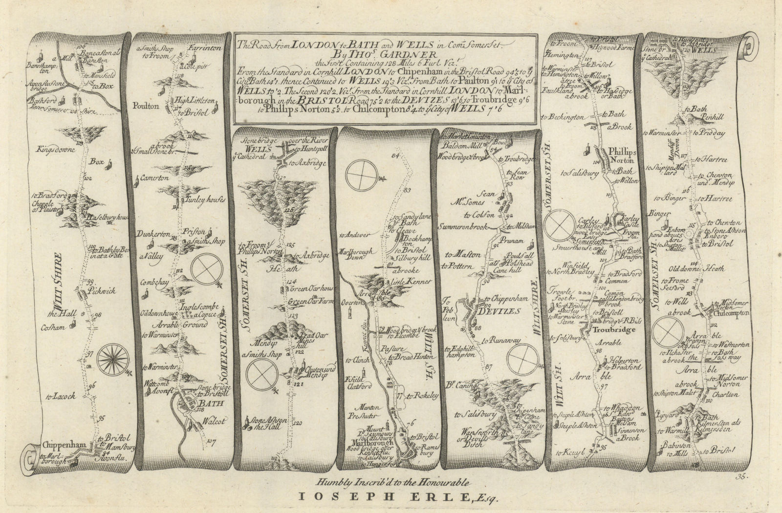 Chippenham - Bath - Wells / Marlborough. GARDNER road map #35 1719 old