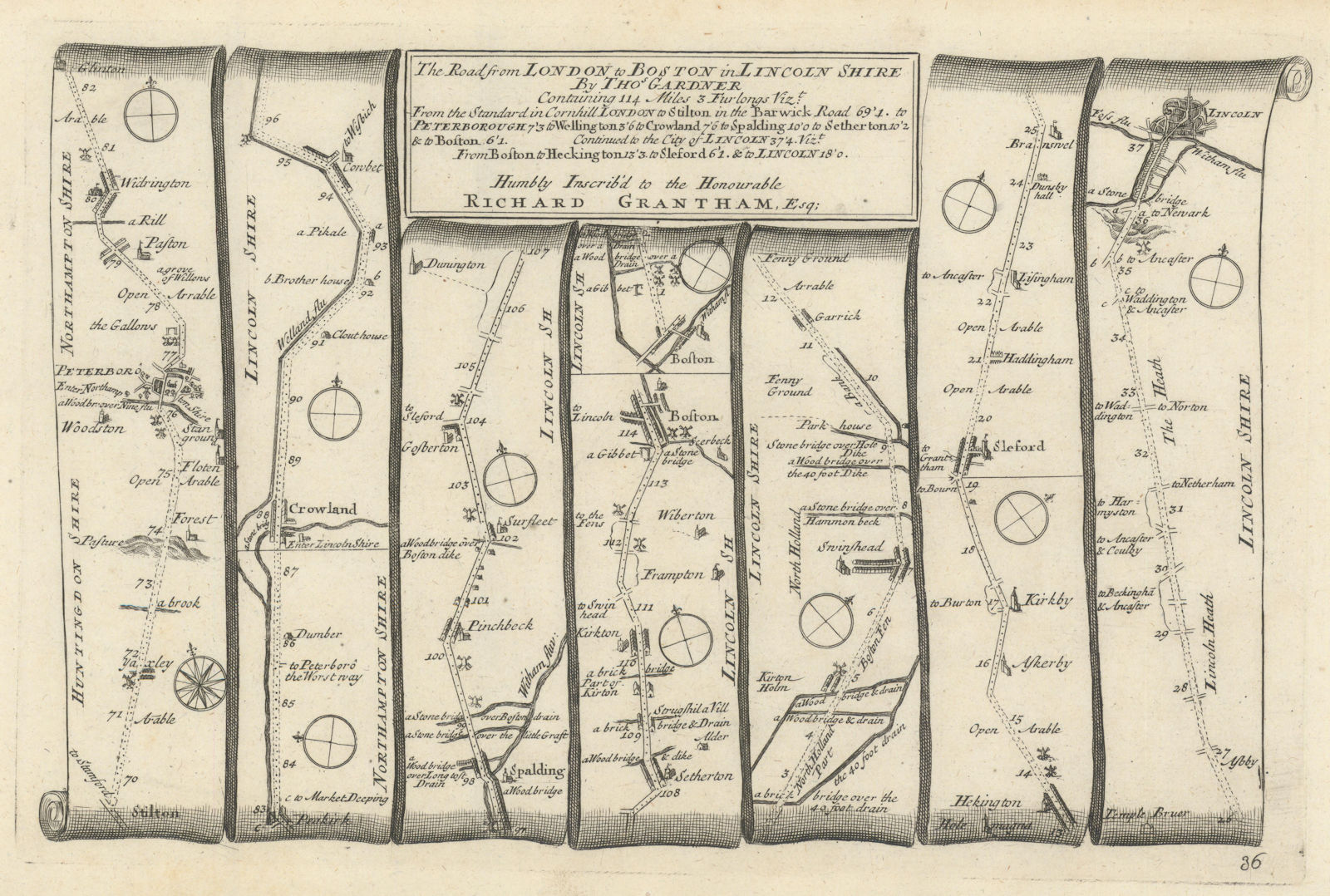 Stilton - Peterborough - Boston - Sleaford-Lincoln GARDNER road map #36 1719