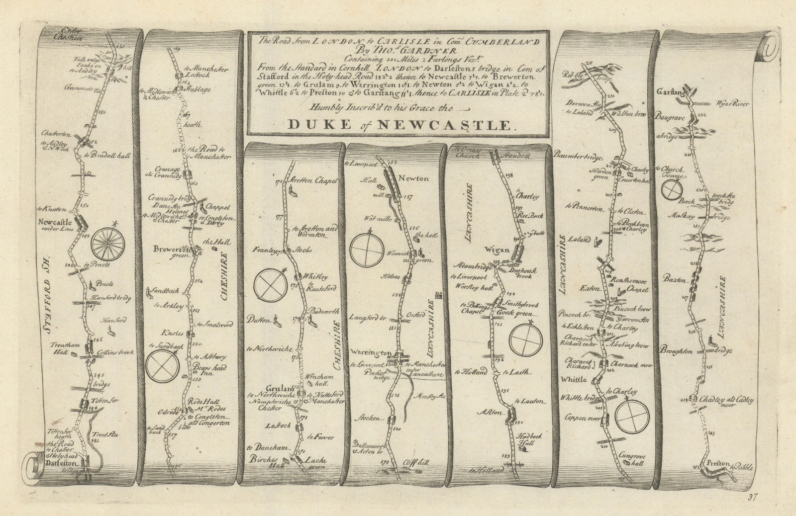 Newcastle/Lyme - Warrington - Wigan - Preston. GARDNER road map #37 1719