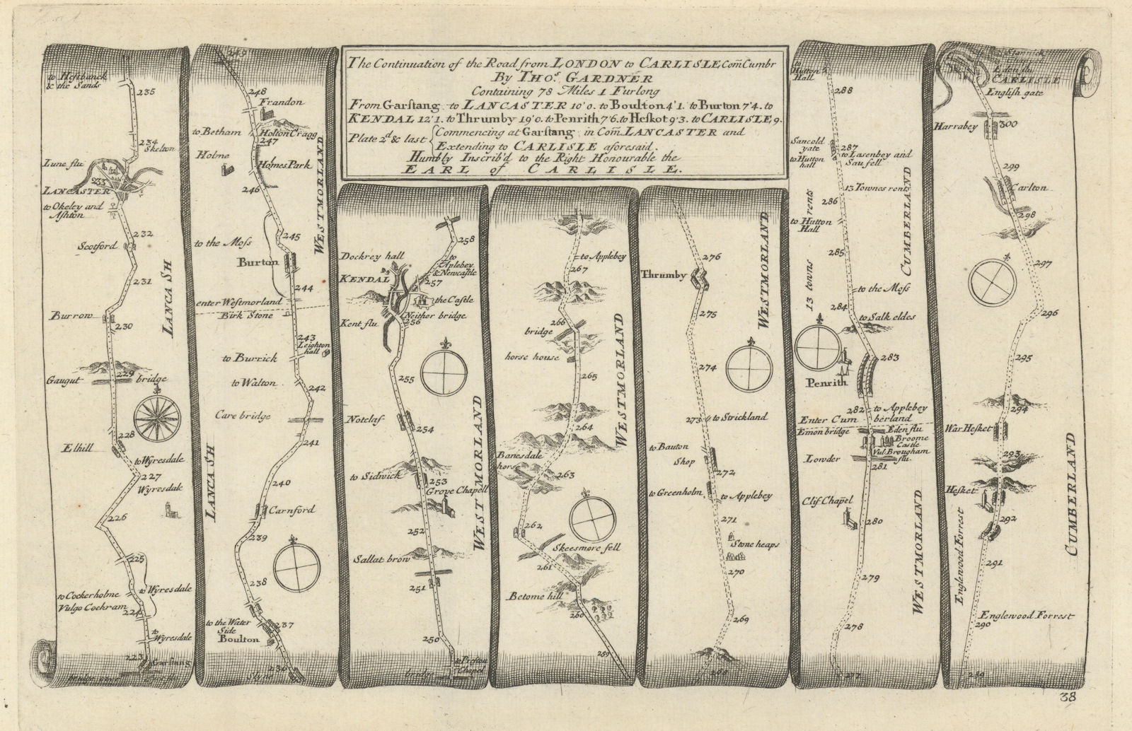 Lancaster - Kendal - Penrith - Carleton - Carlisle GARDNER road map #38 1719